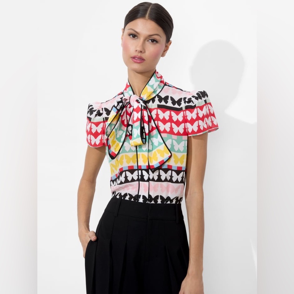 NWT Alice + Olivia Jeannie Butterfly Silk Tie-Neck Top - Picture 1 of 8